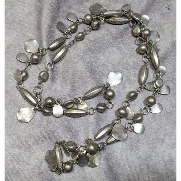 Abstract Metallic Bead Chain And Charm Necklace Silver Tone - Picture 4 of 4